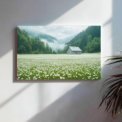 Meadow Wooden Canvas Wall Art, Misty Cottage Landscape Print, Rustic Wildflower Country Field Painting, Nature Inspired Farmhouse Home Decor