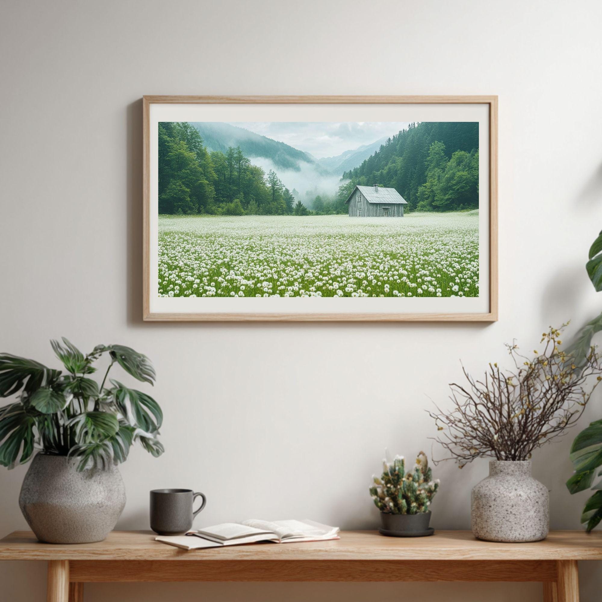 Meadow Wooden Canvas Wall Art, Misty Cottage Landscape Print, Rustic Wildflower Country Field Painting, Nature Inspired Farmhouse Home Decor