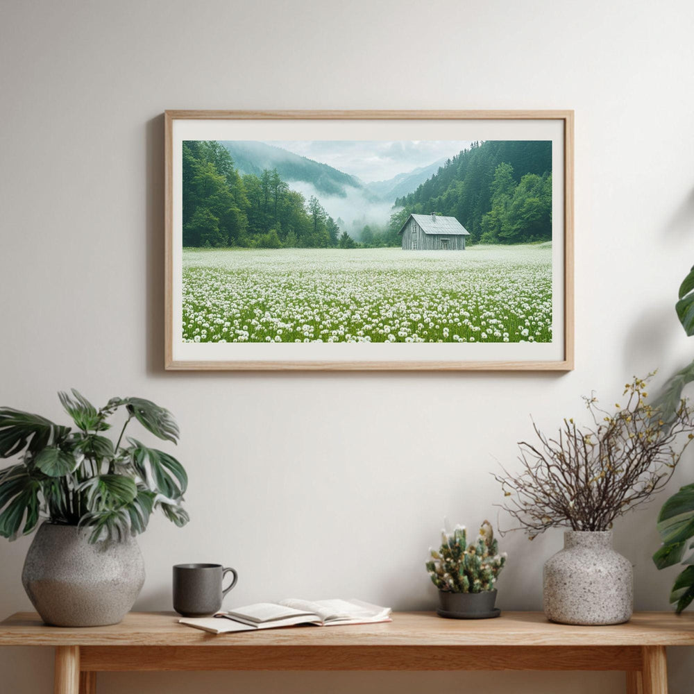 Meadow Wooden Canvas Wall Art, Misty Cottage Landscape Print, Rustic Wildflower Country Field Painting, Nature Inspired Farmhouse Home Decor