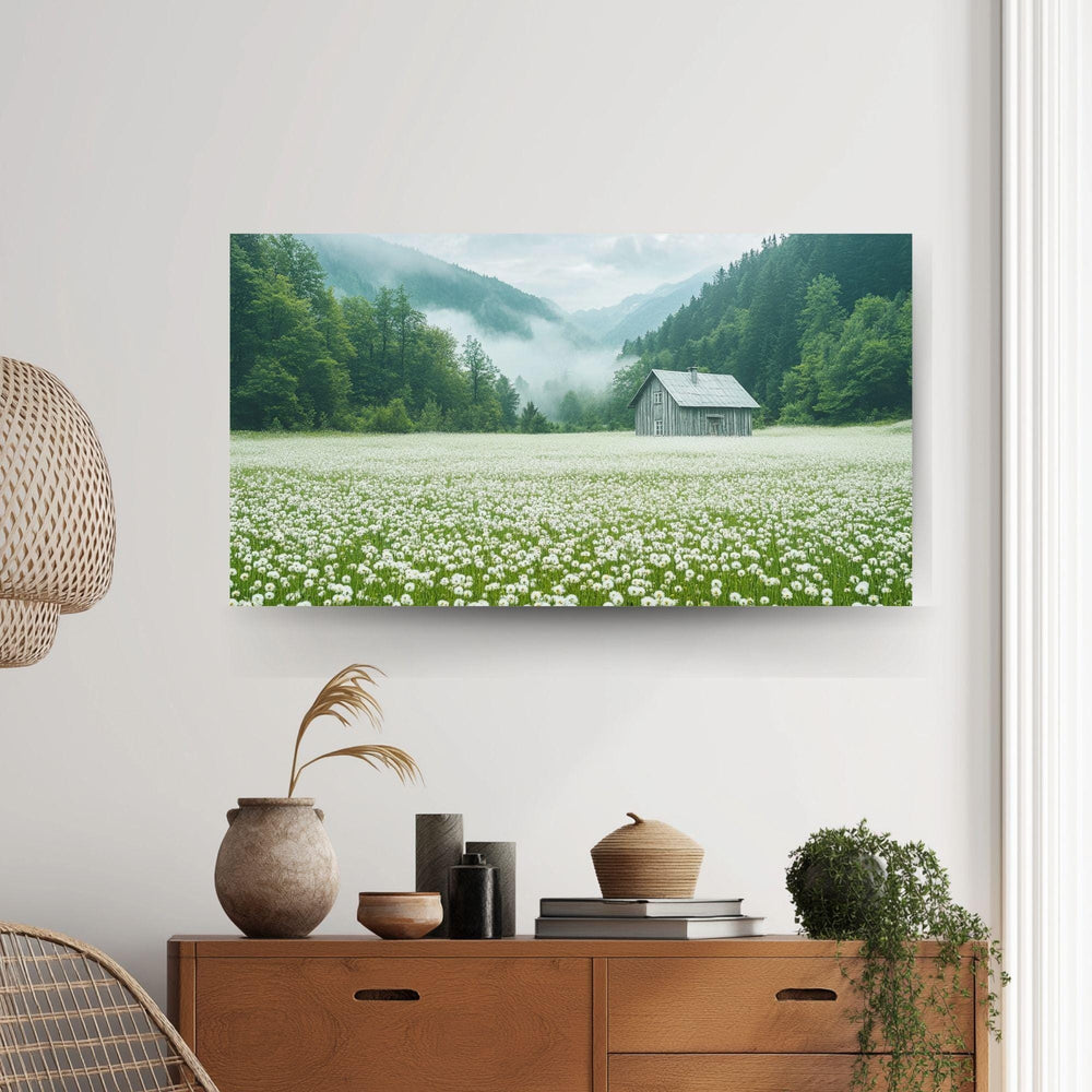 Meadow Wooden Canvas Wall Art, Misty Cottage Landscape Print, Rustic Wildflower Country Field Painting, Nature Inspired Farmhouse Home Decor