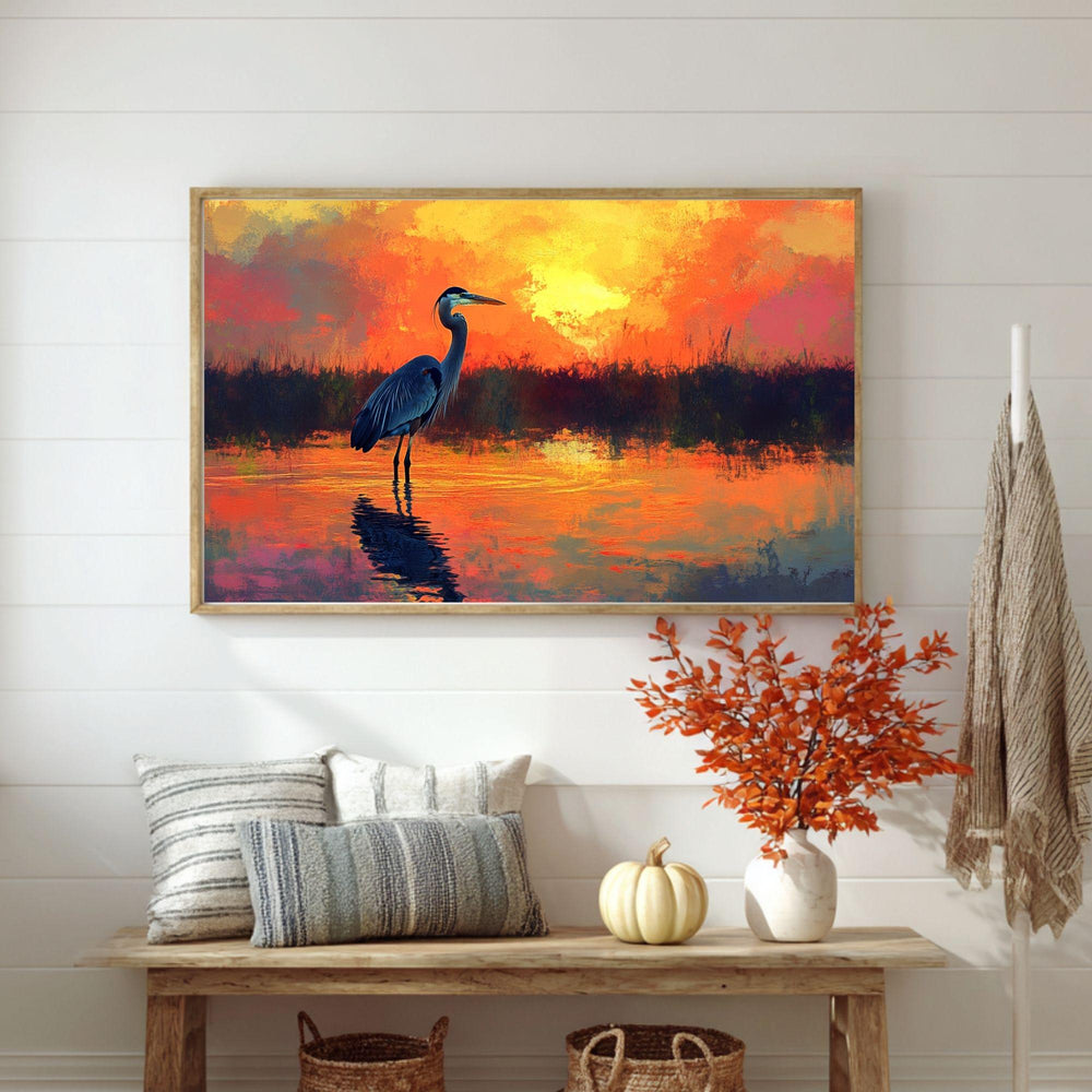 Sunset Heron Wooden Canvas Wall Art, Coastal Bird Silhouette Print, Serene Wetland Landscape Painting, Nature Inspired Rustic Home Decor