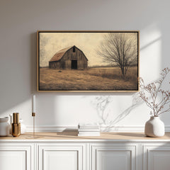 Rustic Barn Wooden Framed Canvas Wall Art, Vintage Country Farmhouse Print, Weathered Old Barn Landscape Painting, Rustic Rural Home Decor