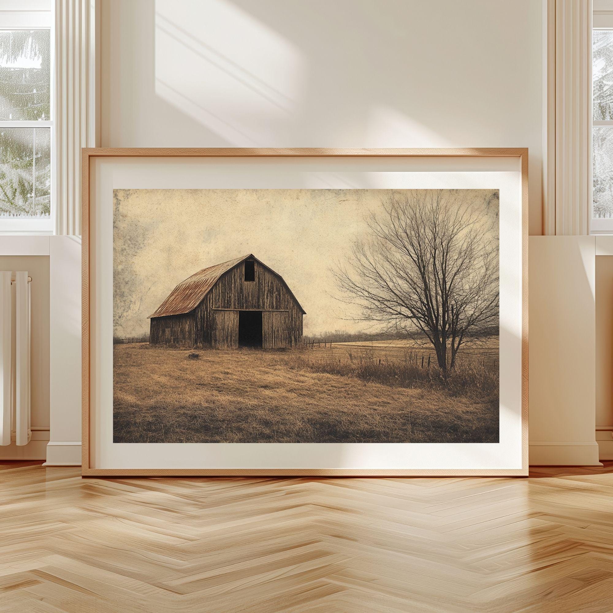 Rustic Barn Wooden Framed Canvas Wall Art, Vintage Country Farmhouse Print, Weathered Old Barn Landscape Painting, Rustic Rural Home Decor