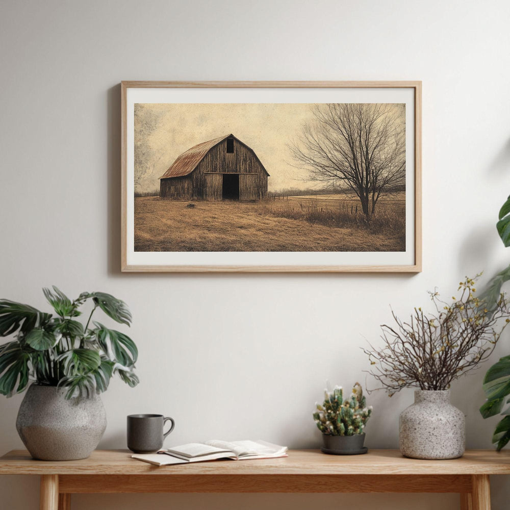 Rustic Barn Wooden Framed Canvas Wall Art, Vintage Country Farmhouse Print, Weathered Old Barn Landscape Painting, Rustic Rural Home Decor