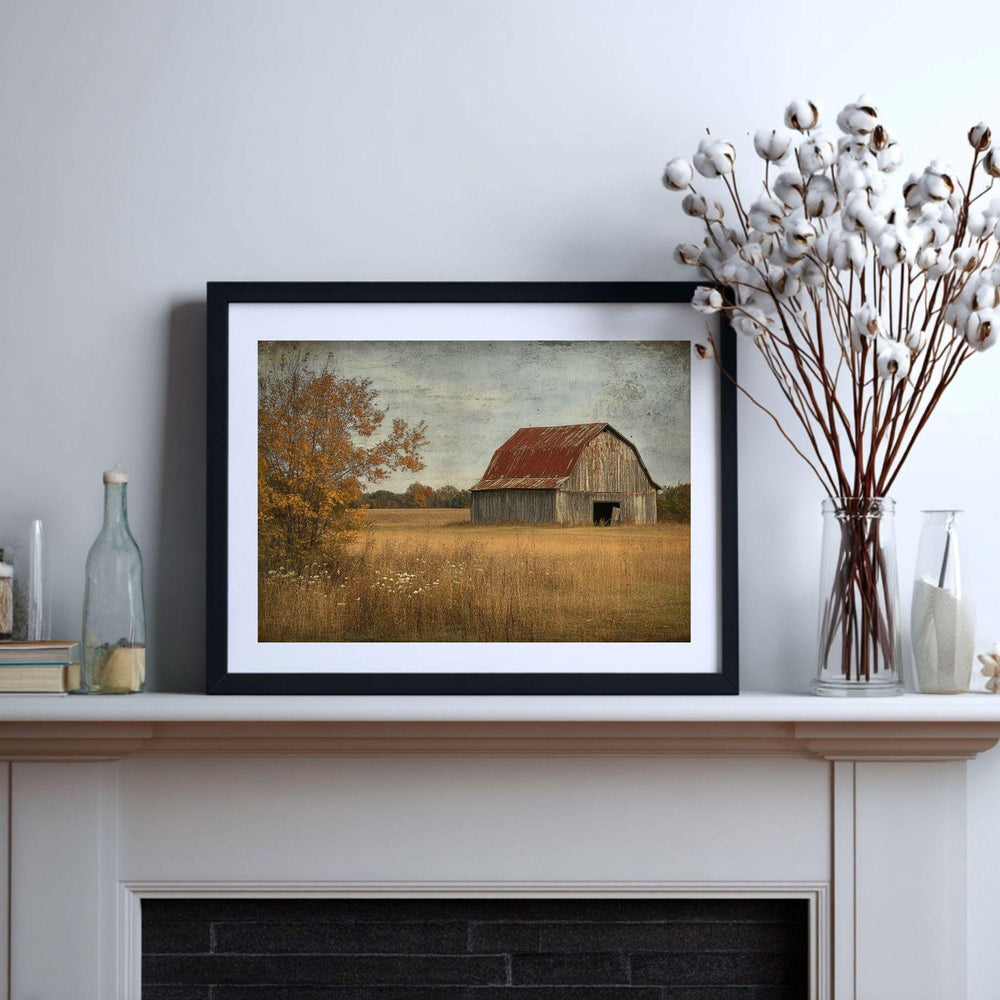 Vintage Barn Wooden Framed Canvas Wall Art, Rustic Country Farmhouse Print, Weathered Old Barn Landscape Painting, Rustic Rural Home Decor