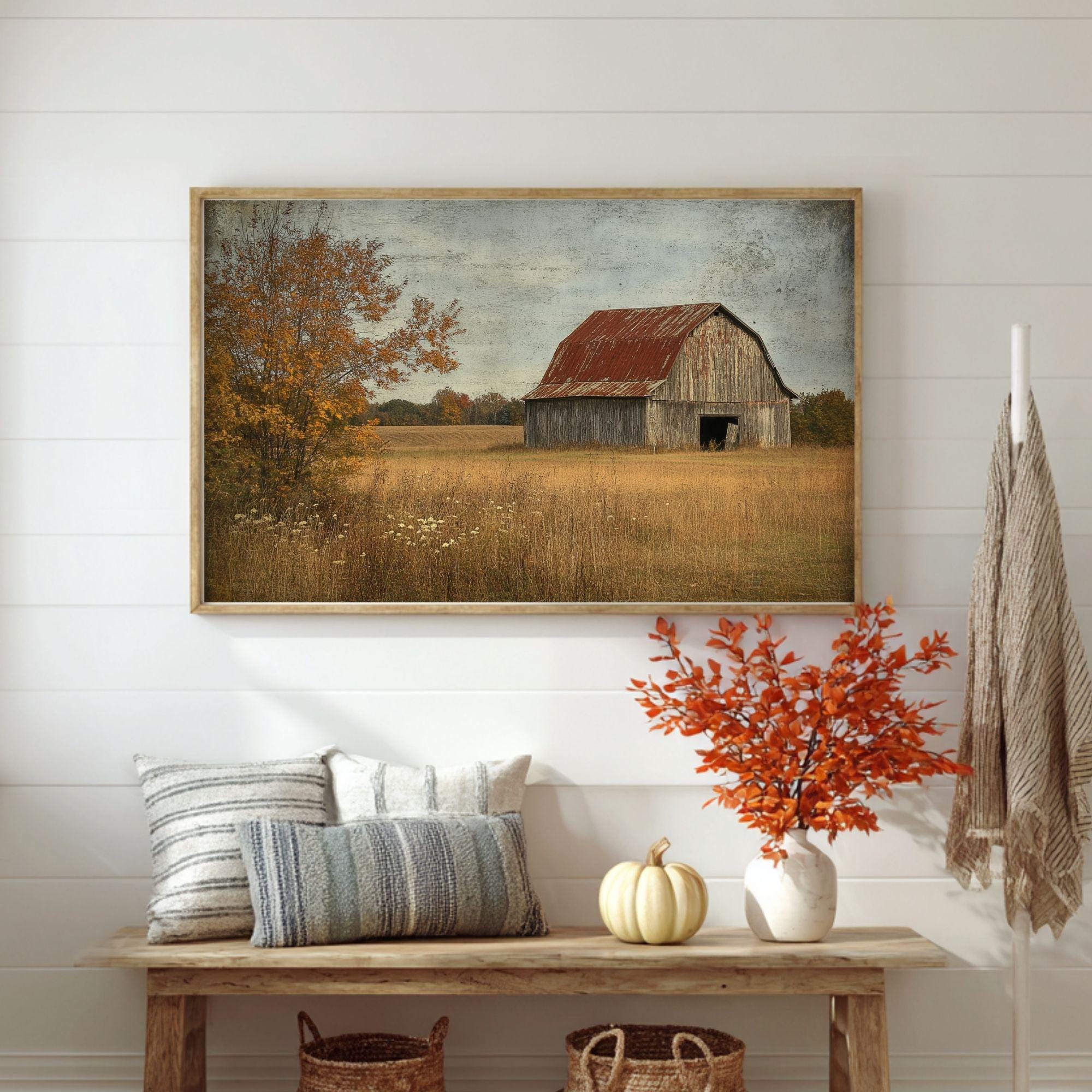 Vintage Barn Wooden Framed Canvas Wall Art, Rustic Country Farmhouse Print, Weathered Old Barn Landscape Painting, Rustic Rural Home Decor