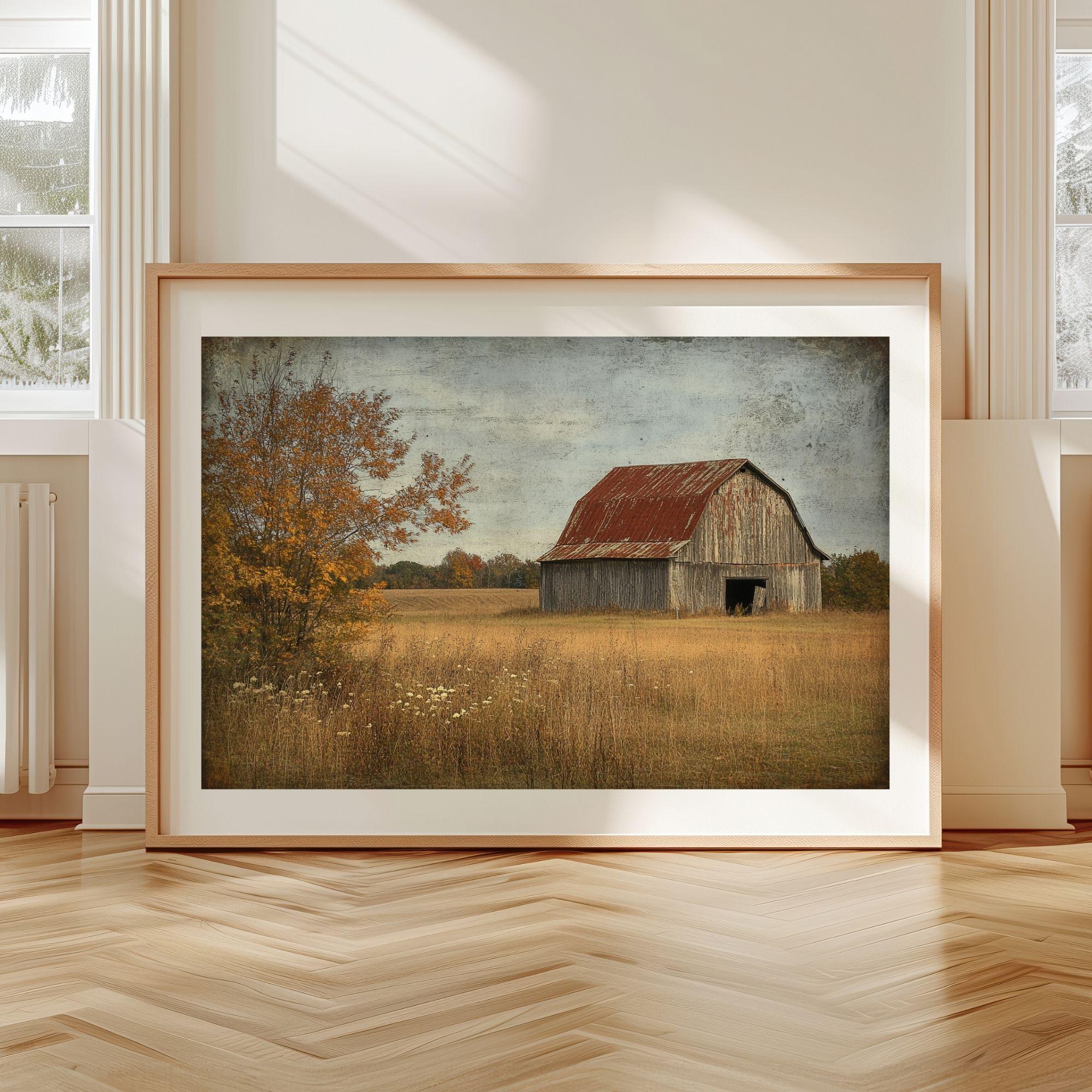Vintage Barn Wooden Framed Canvas Wall Art, Rustic Country Farmhouse Print, Weathered Old Barn Landscape Painting, Rustic Rural Home Decor