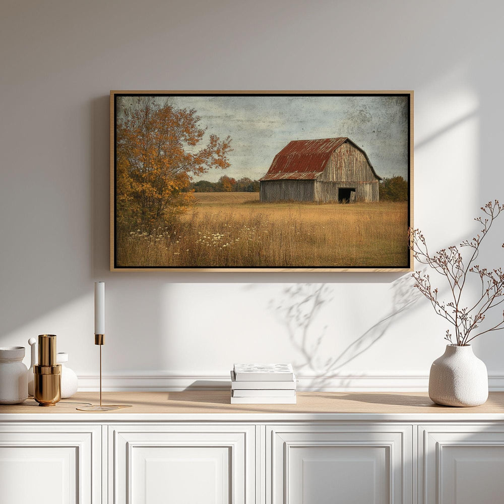 Vintage Barn Wooden Framed Canvas Wall Art, Rustic Country Farmhouse Print, Weathered Old Barn Landscape Painting, Rustic Rural Home Decor