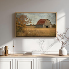 Vintage Barn Wooden Framed Canvas Wall Art, Rustic Country Farmhouse Print, Weathered Old Barn Landscape Painting, Rustic Rural Home Decor