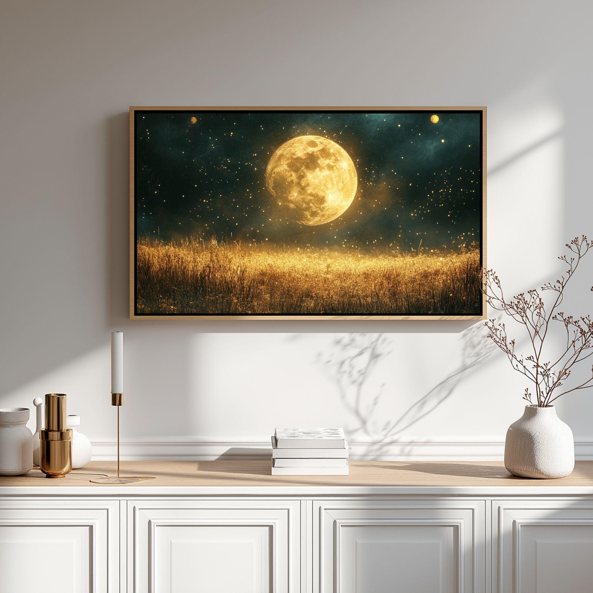 Golden Moon Wooden Canvas Wall Art, Mystical Starry Night Print, Celestial Field Landscape Painting,Rustic Cosmic Nature Inspired Home Decor