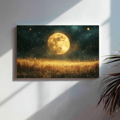 Golden Moon Wooden Canvas Wall Art, Mystical Starry Night Print, Celestial Field Landscape Painting,Rustic Cosmic Nature Inspired Home Decor