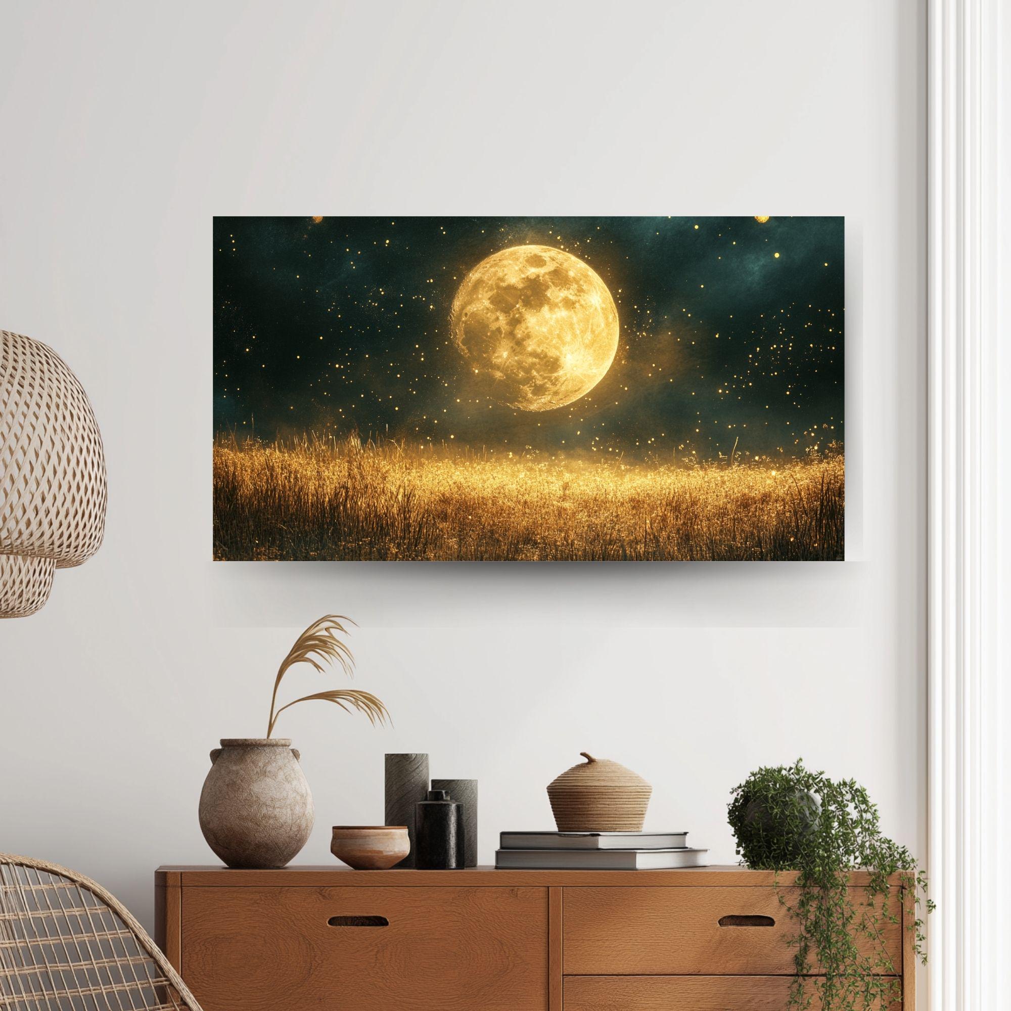 Golden Moon Wooden Canvas Wall Art, Mystical Starry Night Print, Celestial Field Landscape Painting,Rustic Cosmic Nature Inspired Home Decor