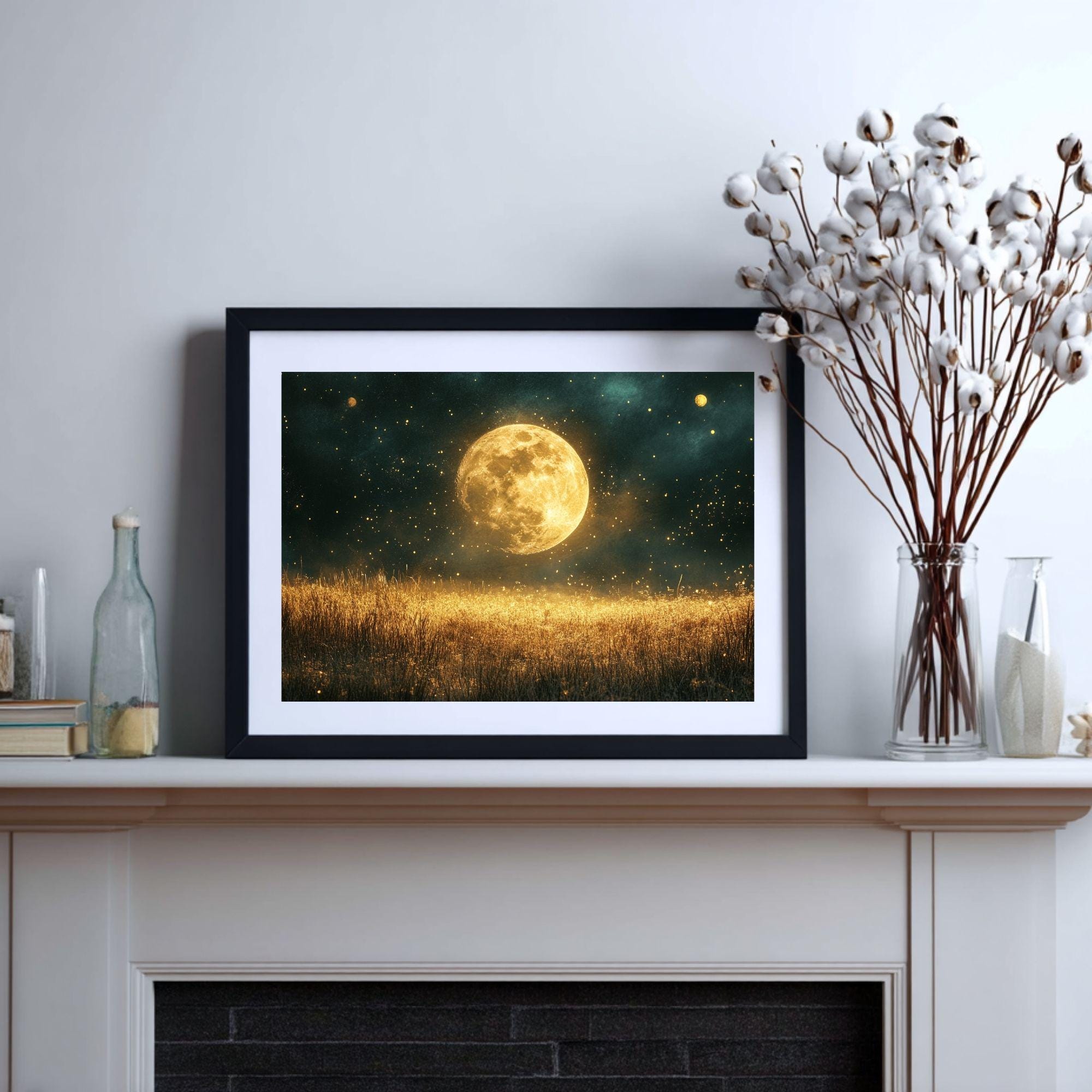 Golden Moon Wooden Canvas Wall Art, Mystical Starry Night Print, Celestial Field Landscape Painting,Rustic Cosmic Nature Inspired Home Decor