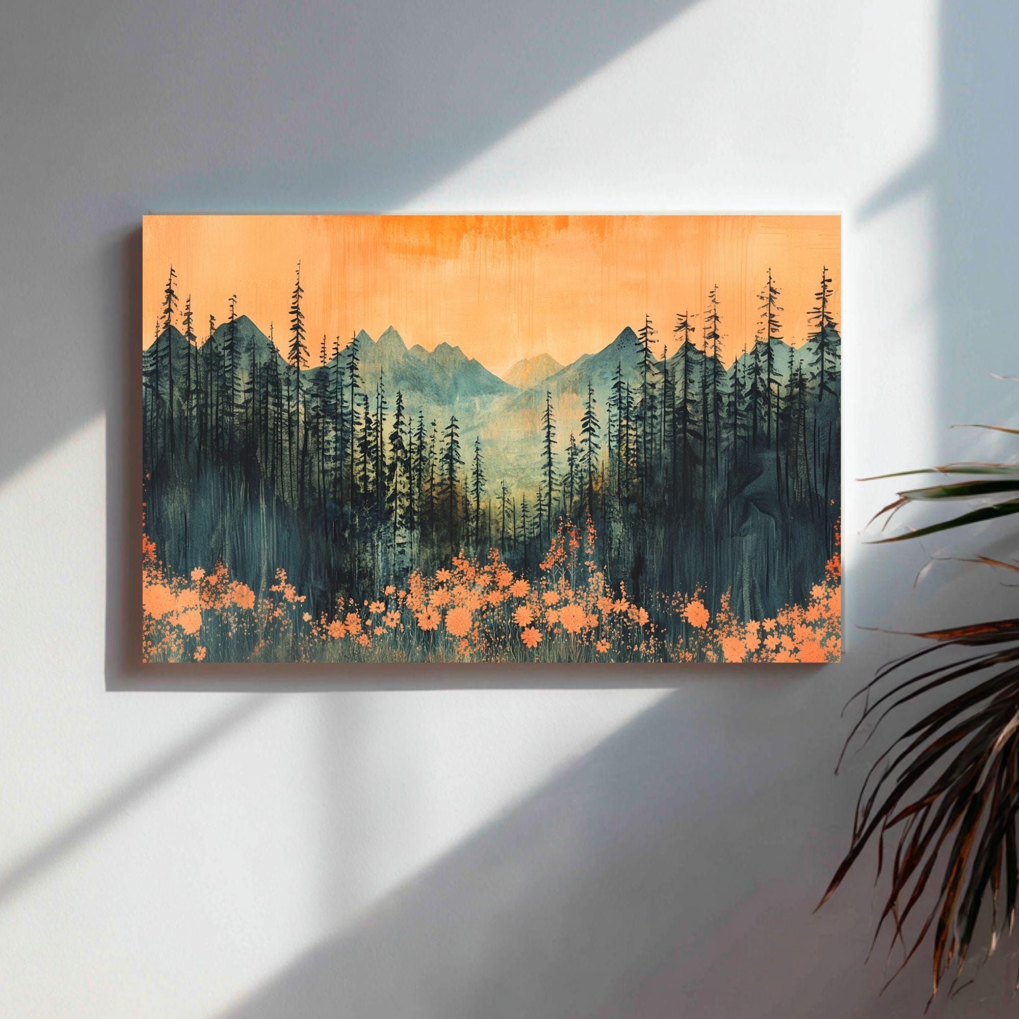 Mountain Forest Wooden Canvas Wall Art, Sunset Landscape Print, Rustic Nature Inspired Painting, Evergreen Trees and Wildflowers Home Decor