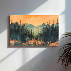 Mountain Forest Wooden Canvas Wall Art, Sunset Landscape Print, Rustic Nature Inspired Painting, Evergreen Trees and Wildflowers Home Decor