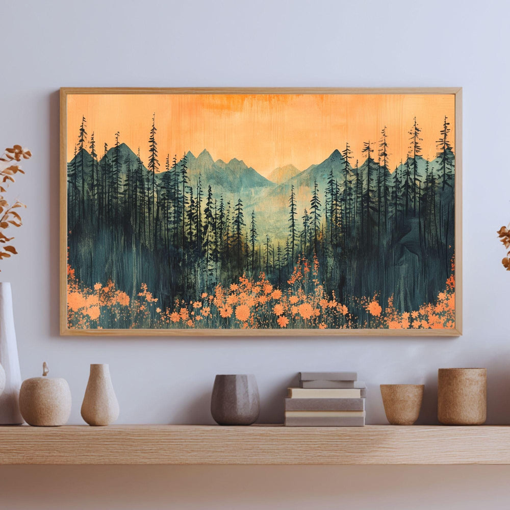 Mountain Forest Wooden Canvas Wall Art, Sunset Landscape Print, Rustic Nature Inspired Painting, Evergreen Trees and Wildflowers Home Decor