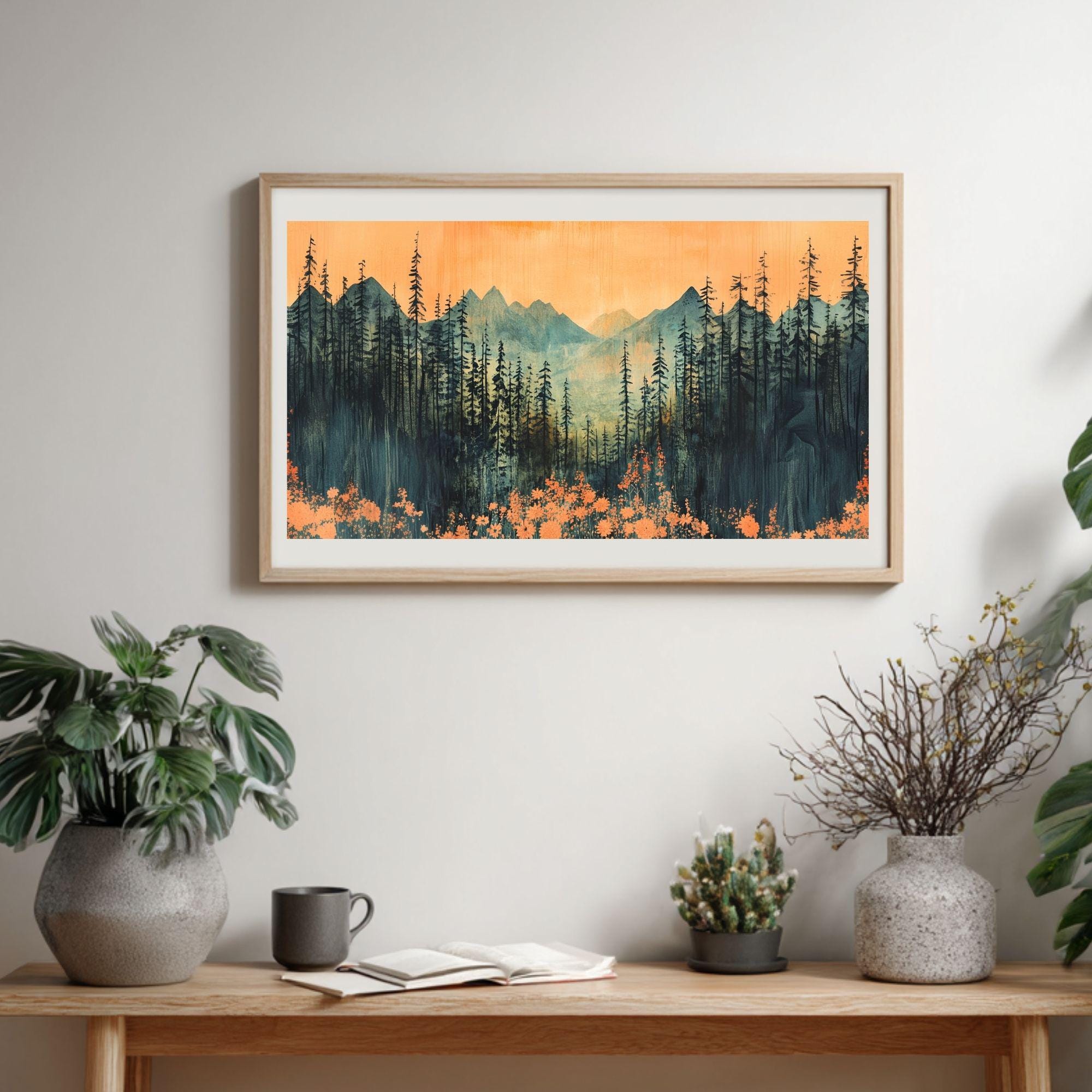 Mountain Forest Wooden Canvas Wall Art, Sunset Landscape Print, Rustic Nature Inspired Painting, Evergreen Trees and Wildflowers Home Decor