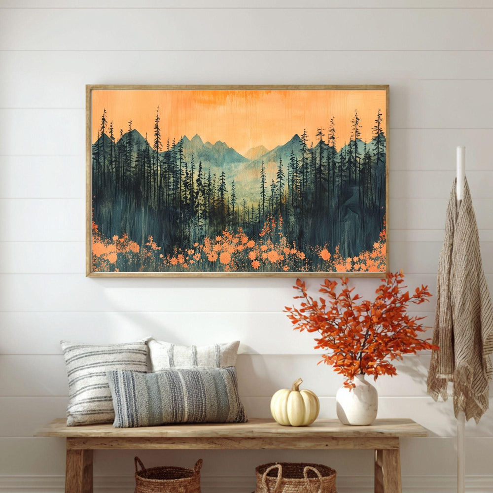 Mountain Forest Wooden Canvas Wall Art, Sunset Landscape Print, Rustic Nature Inspired Painting, Evergreen Trees and Wildflowers Home Decor