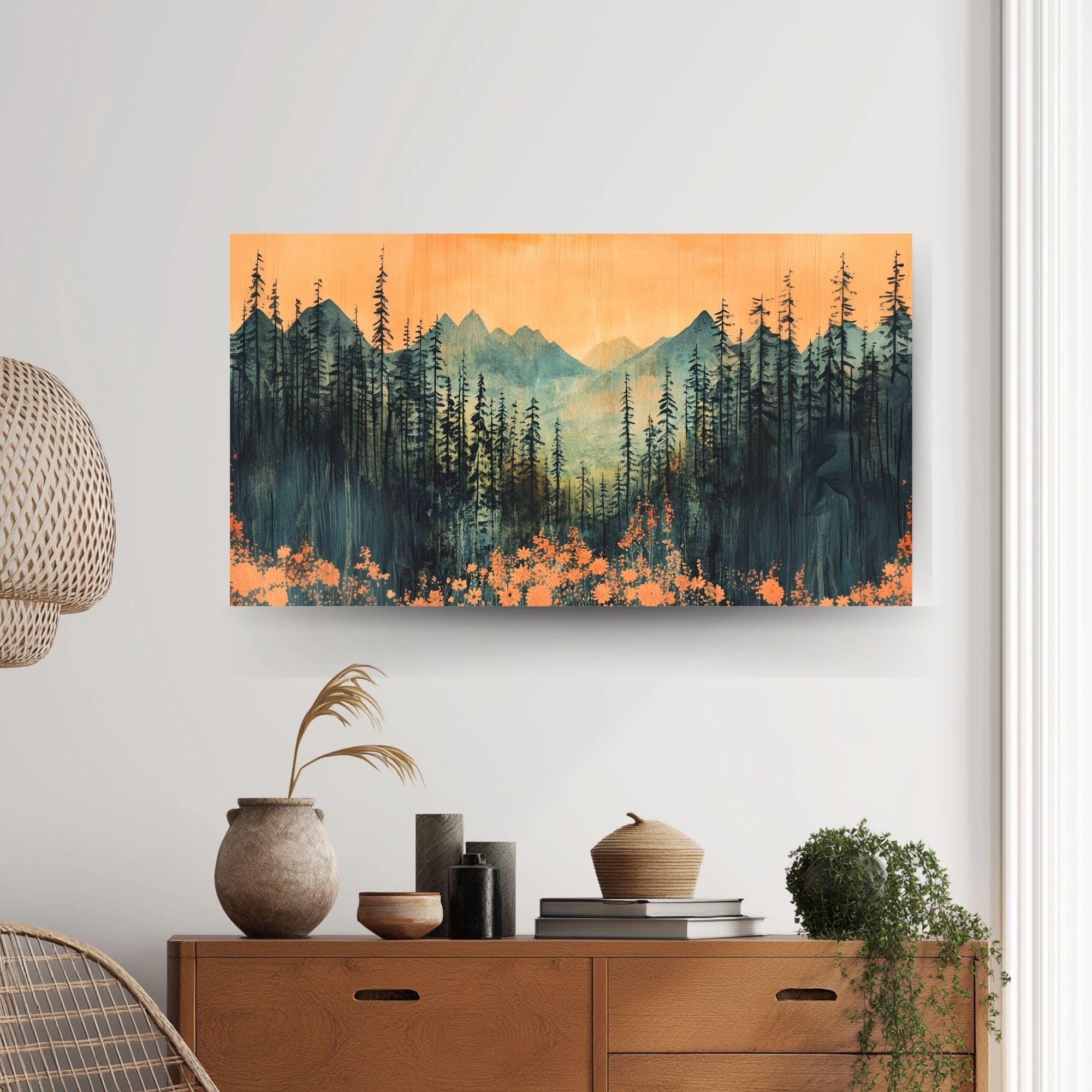 Mountain Forest Wooden Canvas Wall Art, Sunset Landscape Print, Rustic Nature Inspired Painting, Evergreen Trees and Wildflowers Home Decor