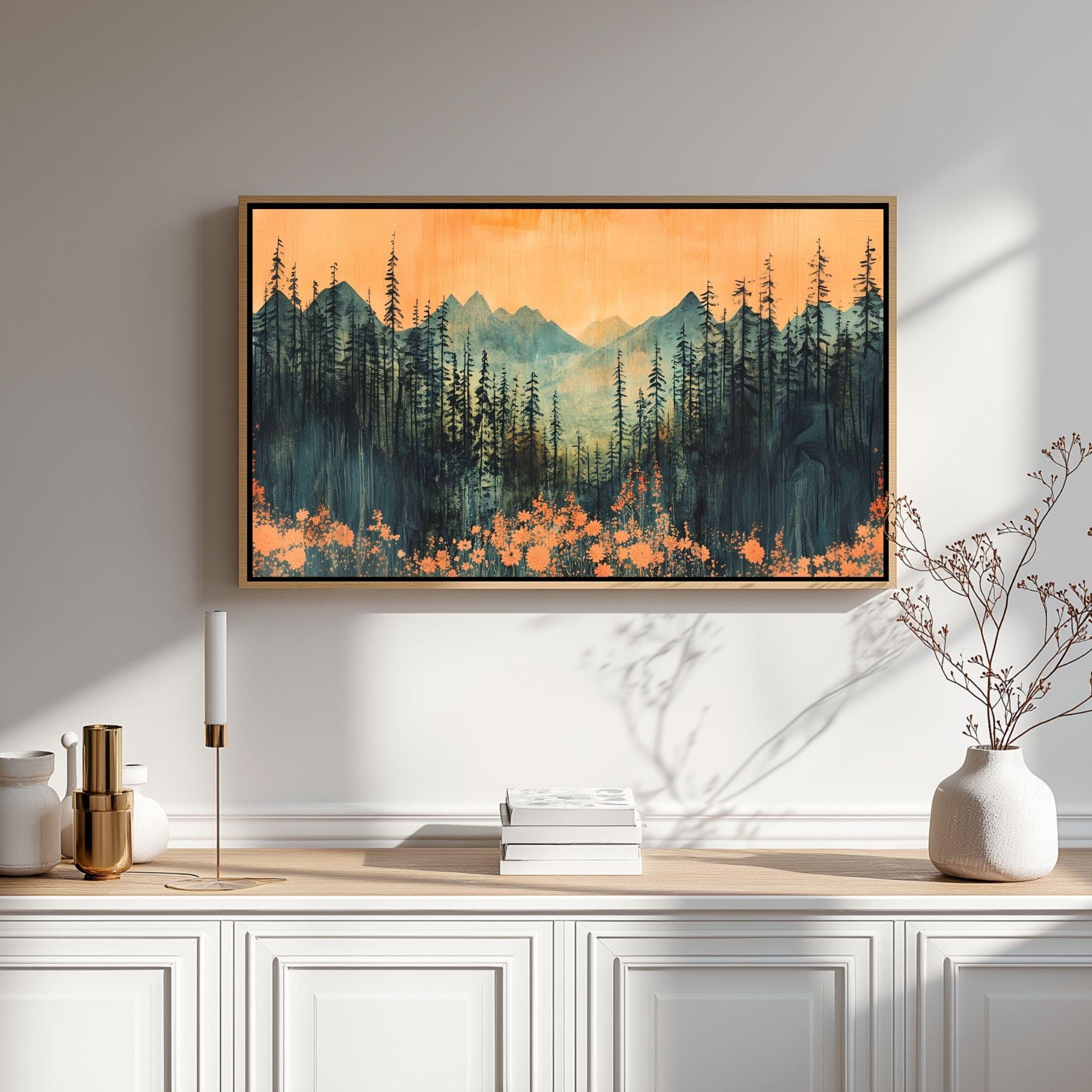 Mountain Forest Wooden Canvas Wall Art, Sunset Landscape Print, Rustic Nature Inspired Painting, Evergreen Trees and Wildflowers Home Decor