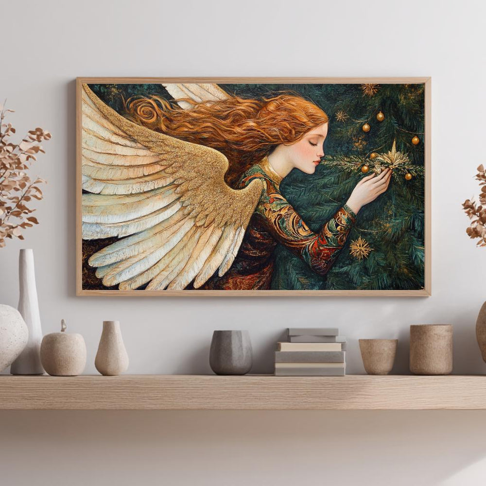 Golden Angel With Christmas Tree Wall Art, William Morris Inspired Holiday Angel Print, Festive Seasonal Canvas Decor, Cozy Home Accent