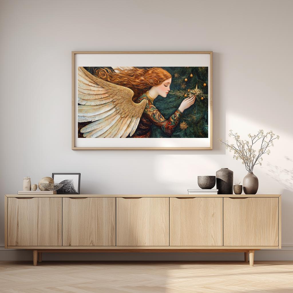 Golden Angel With Christmas Tree Wall Art, William Morris Inspired Holiday Angel Print, Festive Seasonal Canvas Decor, Cozy Home Accent
