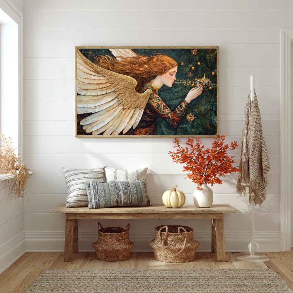 Golden Angel With Christmas Tree Wall Art, William Morris Inspired Holiday Angel Print, Festive Seasonal Canvas Decor, Cozy Home Accent