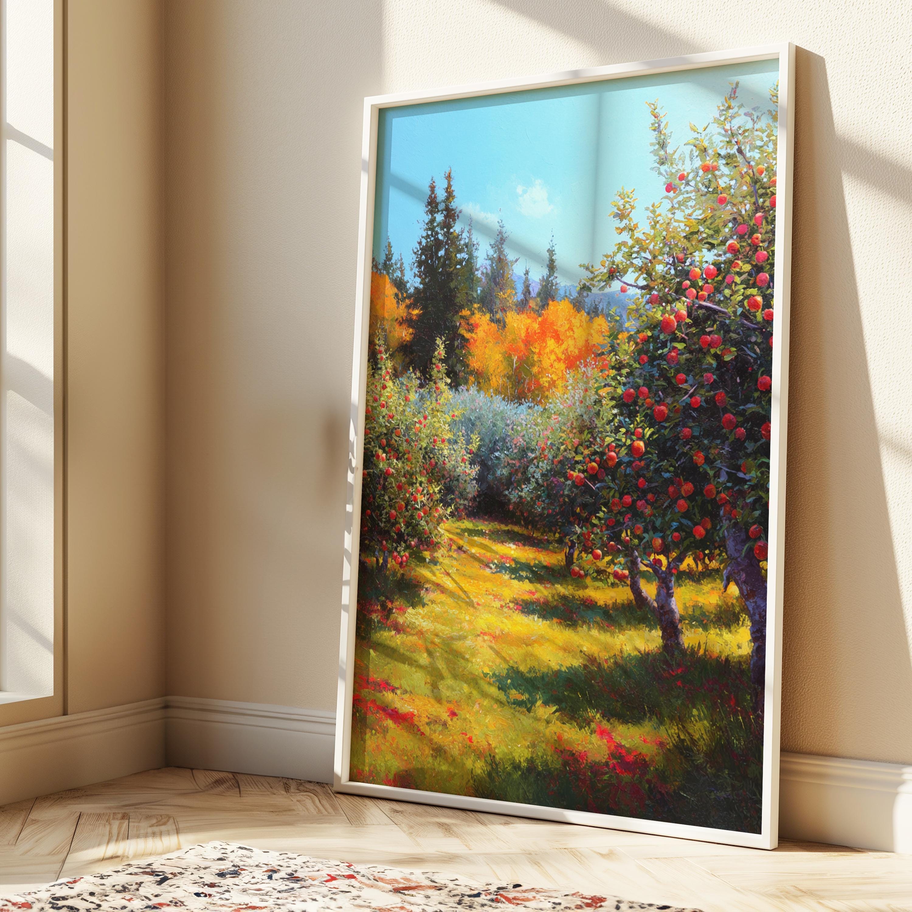 Apple Orchard Canvas Wall Art, Autumn Nature Print, Rustic Countryside Artwork, Colorful Fall Home Decor, Farmhouse Wall Hanging