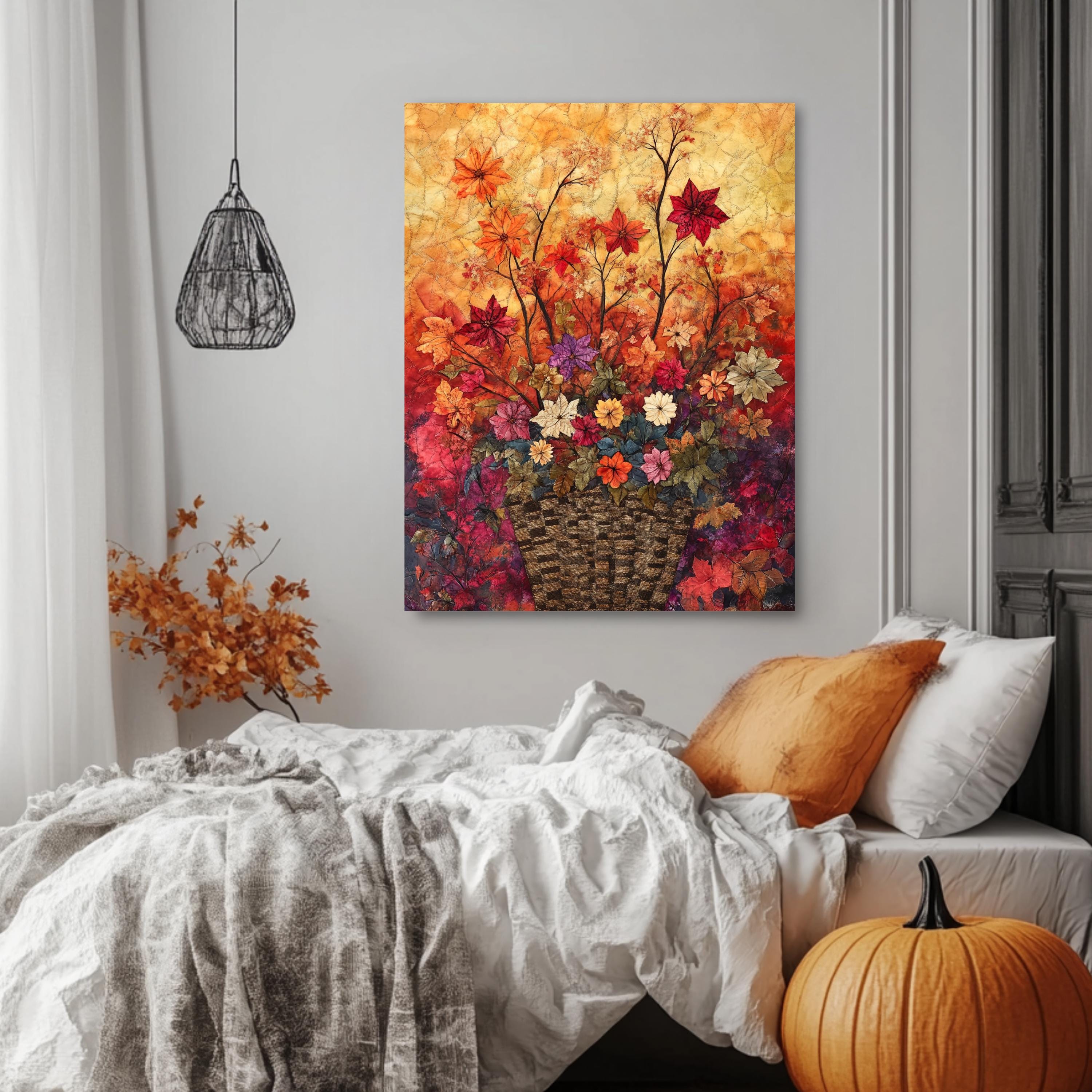 Autumn Basket Floral Wall Art, Wooden Framed Canvas, Colorful Fall Flower Print, Rustic Seasonal Wall Decor, Botanical Harvest Accent