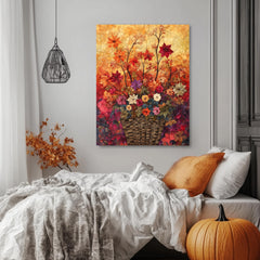 Autumn Basket Floral Wall Art, Wooden Framed Canvas, Colorful Fall Flower Print, Rustic Seasonal Wall Decor, Botanical Harvest Accent