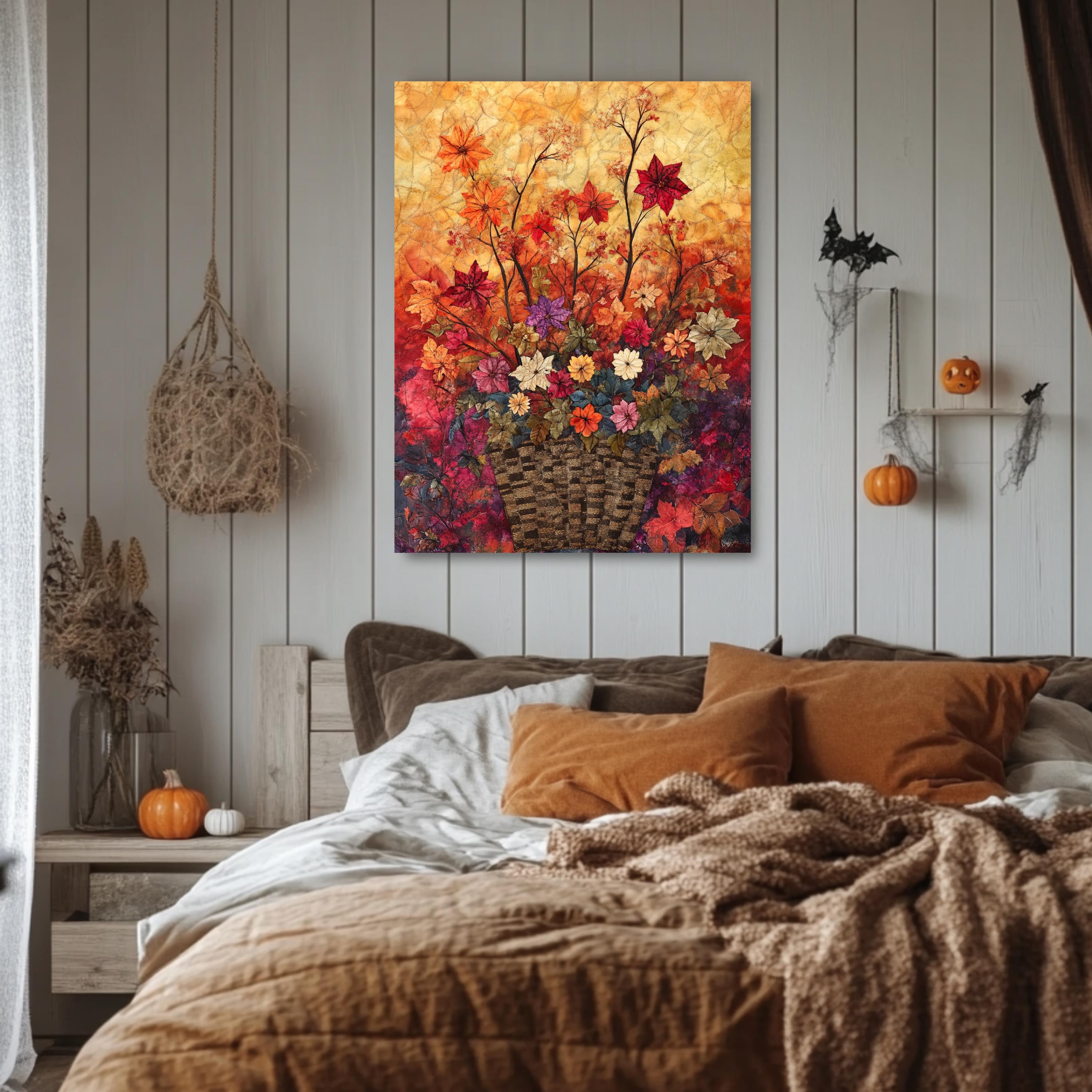 Autumn Basket Floral Wall Art, Wooden Framed Canvas, Colorful Fall Flower Print, Rustic Seasonal Wall Decor, Botanical Harvest Accent