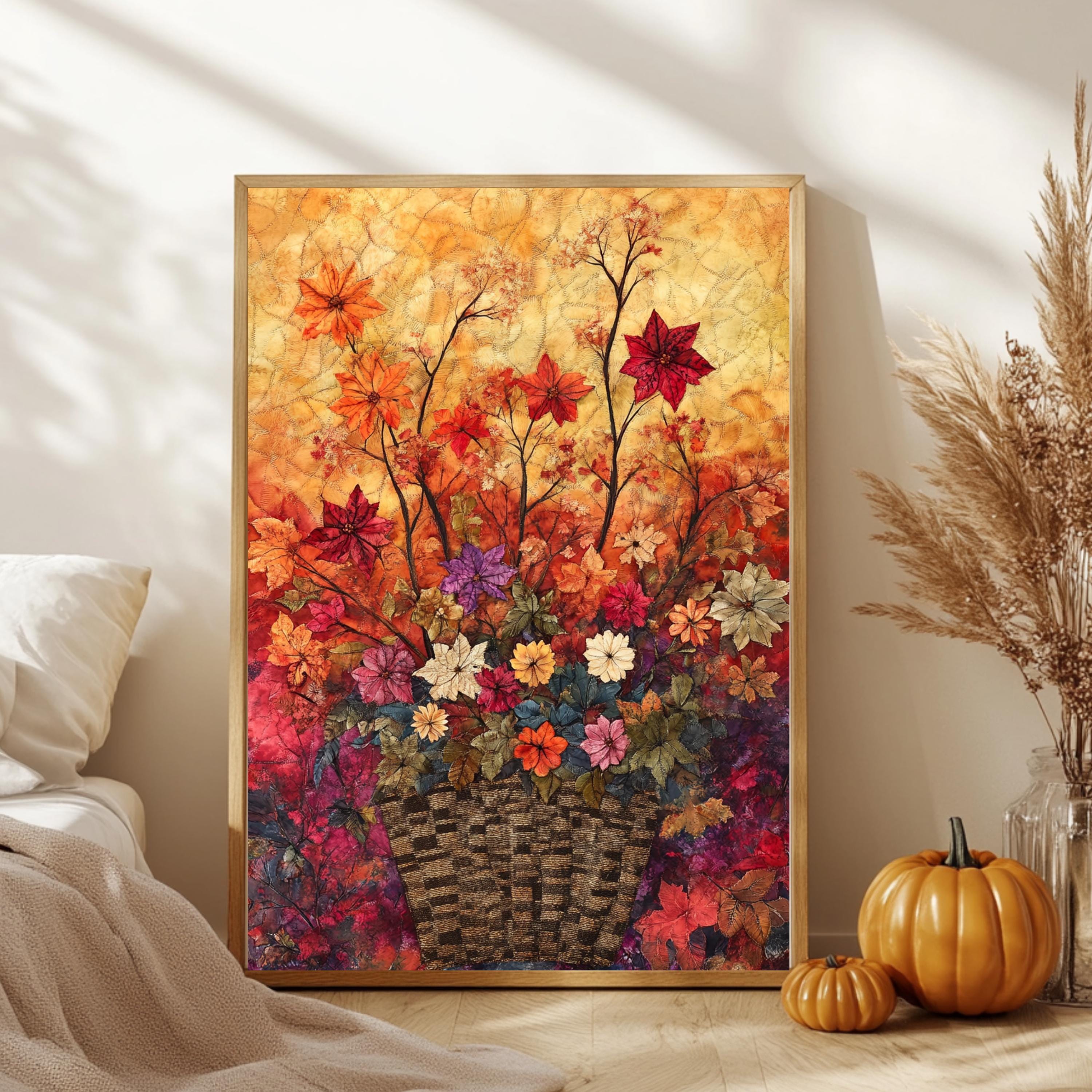 Autumn Basket Floral Wall Art, Wooden Framed Canvas, Colorful Fall Flower Print, Rustic Seasonal Wall Decor, Botanical Harvest Accent