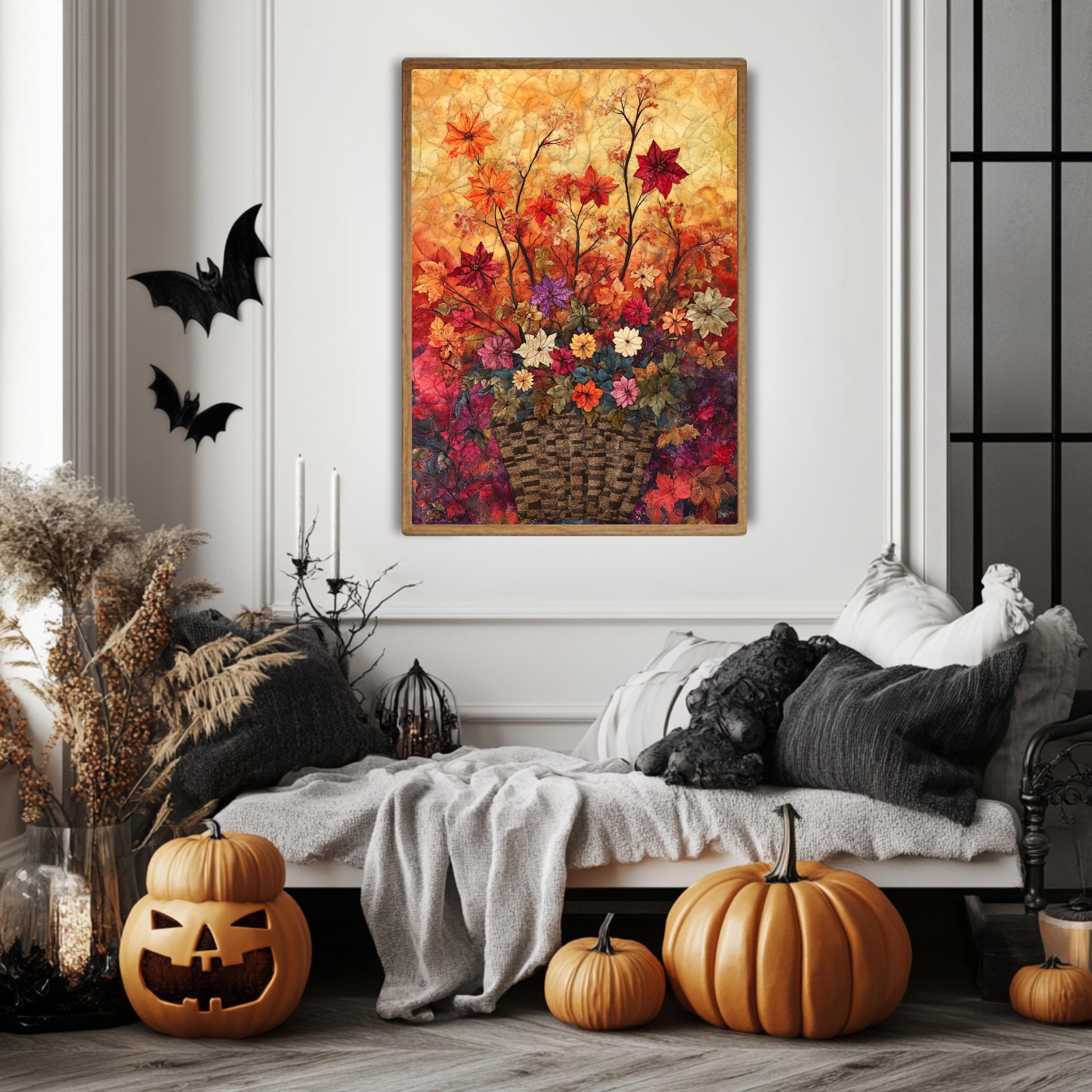 Autumn Basket Floral Wall Art, Wooden Framed Canvas, Colorful Fall Flower Print, Rustic Seasonal Wall Decor, Botanical Harvest Accent