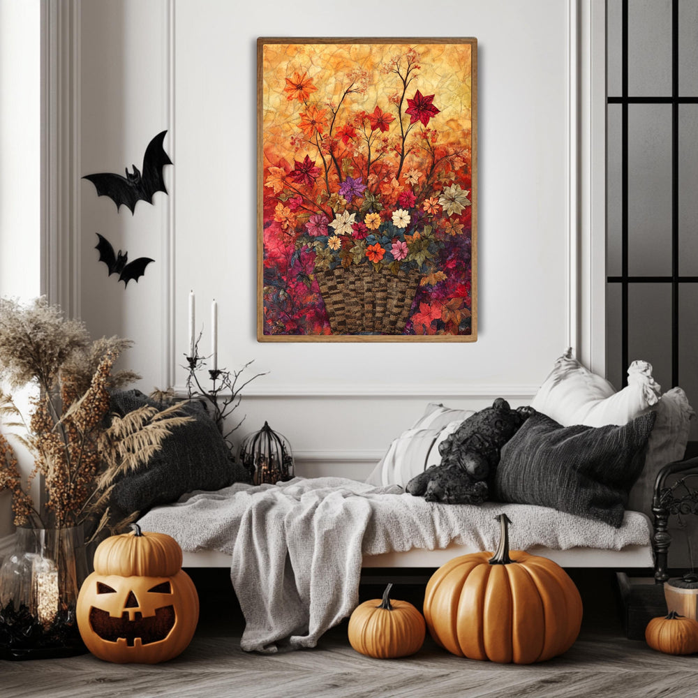Autumn Basket Floral Wall Art, Wooden Framed Canvas, Colorful Fall Flower Print, Rustic Seasonal Wall Decor, Botanical Harvest Accent