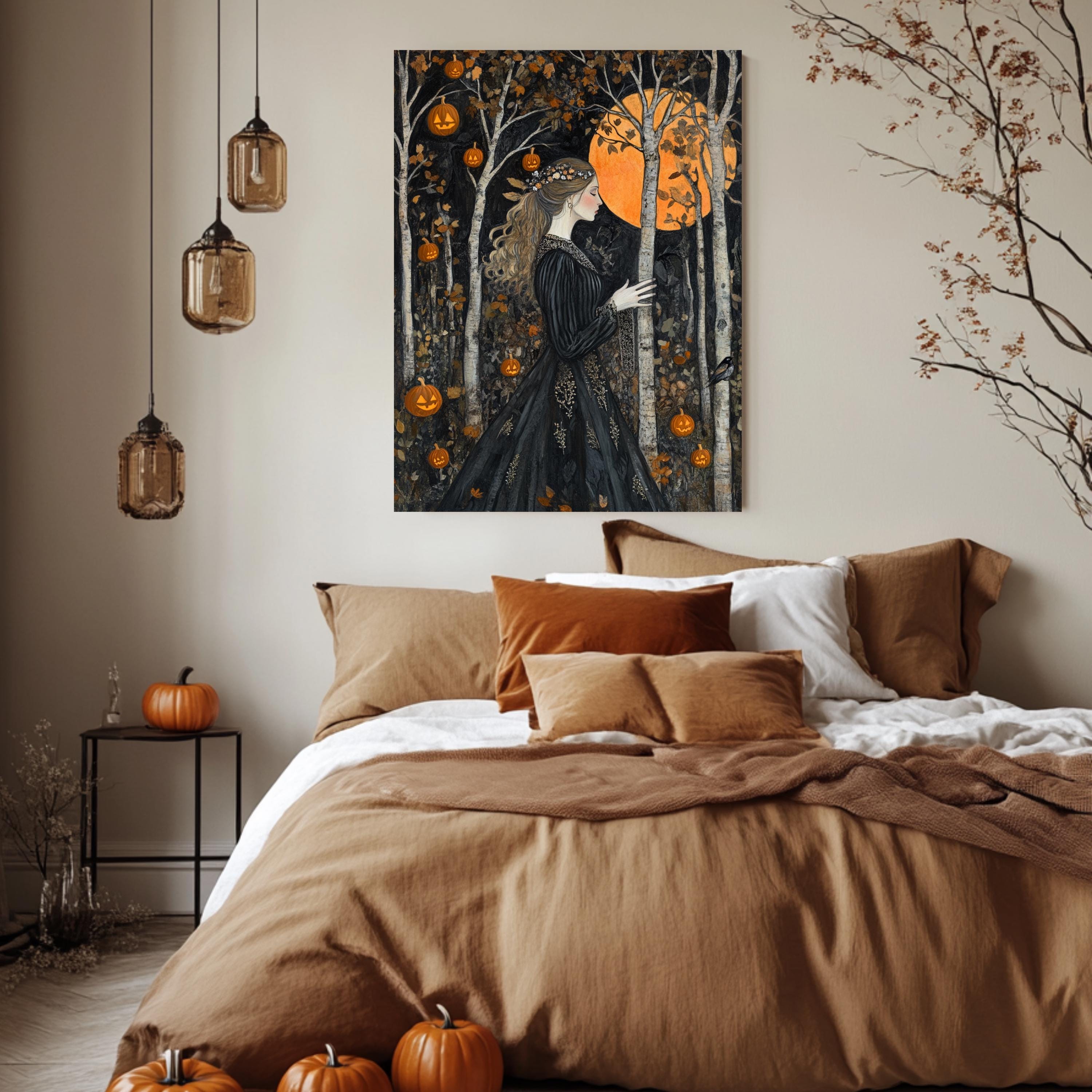 Halloween Goddess Wall Art, William Morris Style Decor, Wooden Framed Canvas, Gothic Pumpkin Forest Print, Autumn Full Moon Home Accent