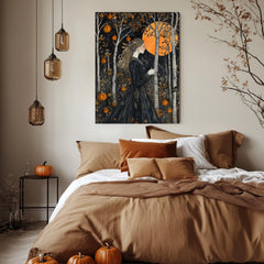 Halloween Goddess Wall Art, William Morris Style Decor, Wooden Framed Canvas, Gothic Pumpkin Forest Print, Autumn Full Moon Home Accent
