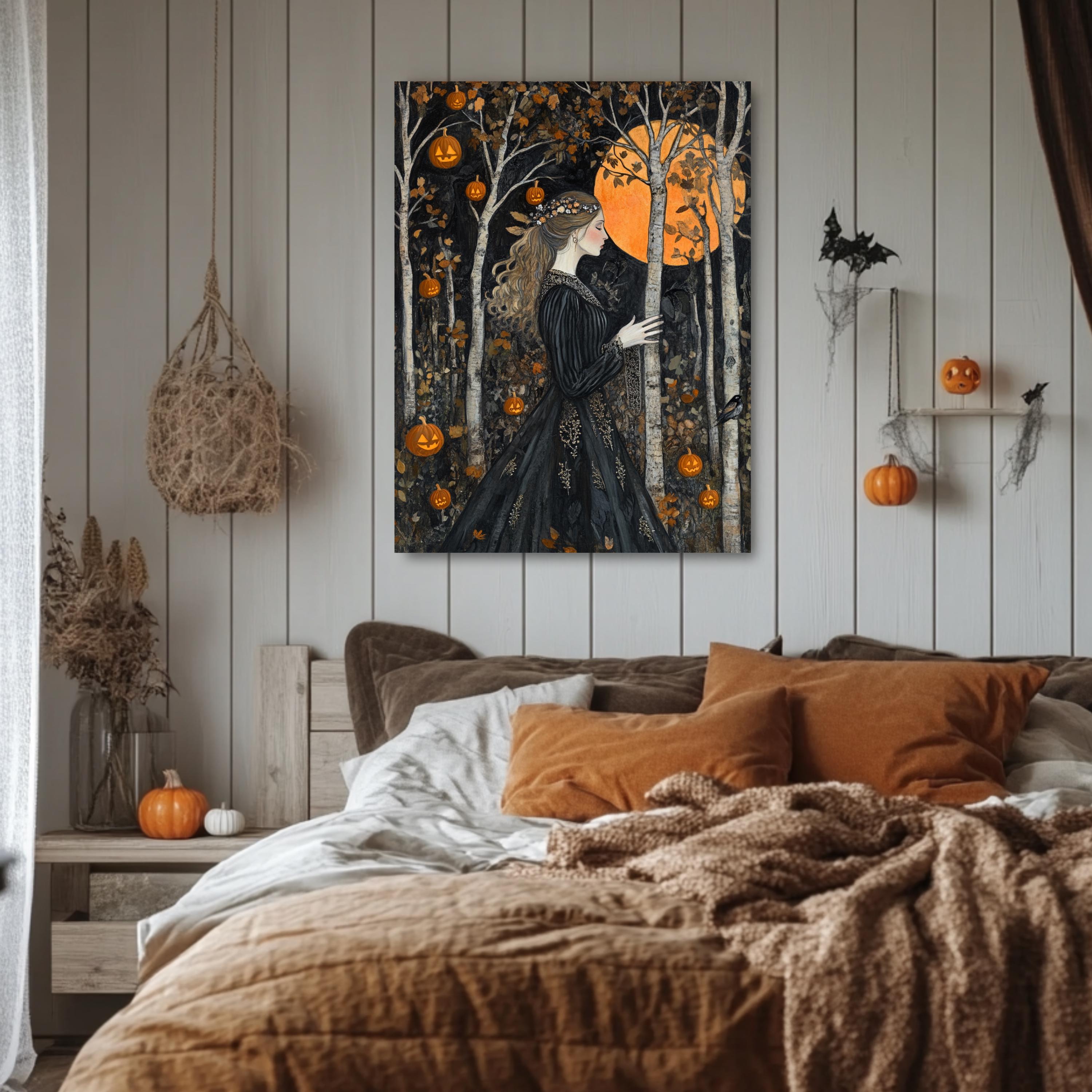 Halloween Goddess Wall Art, William Morris Style Decor, Wooden Framed Canvas, Gothic Pumpkin Forest Print, Autumn Full Moon Home Accent