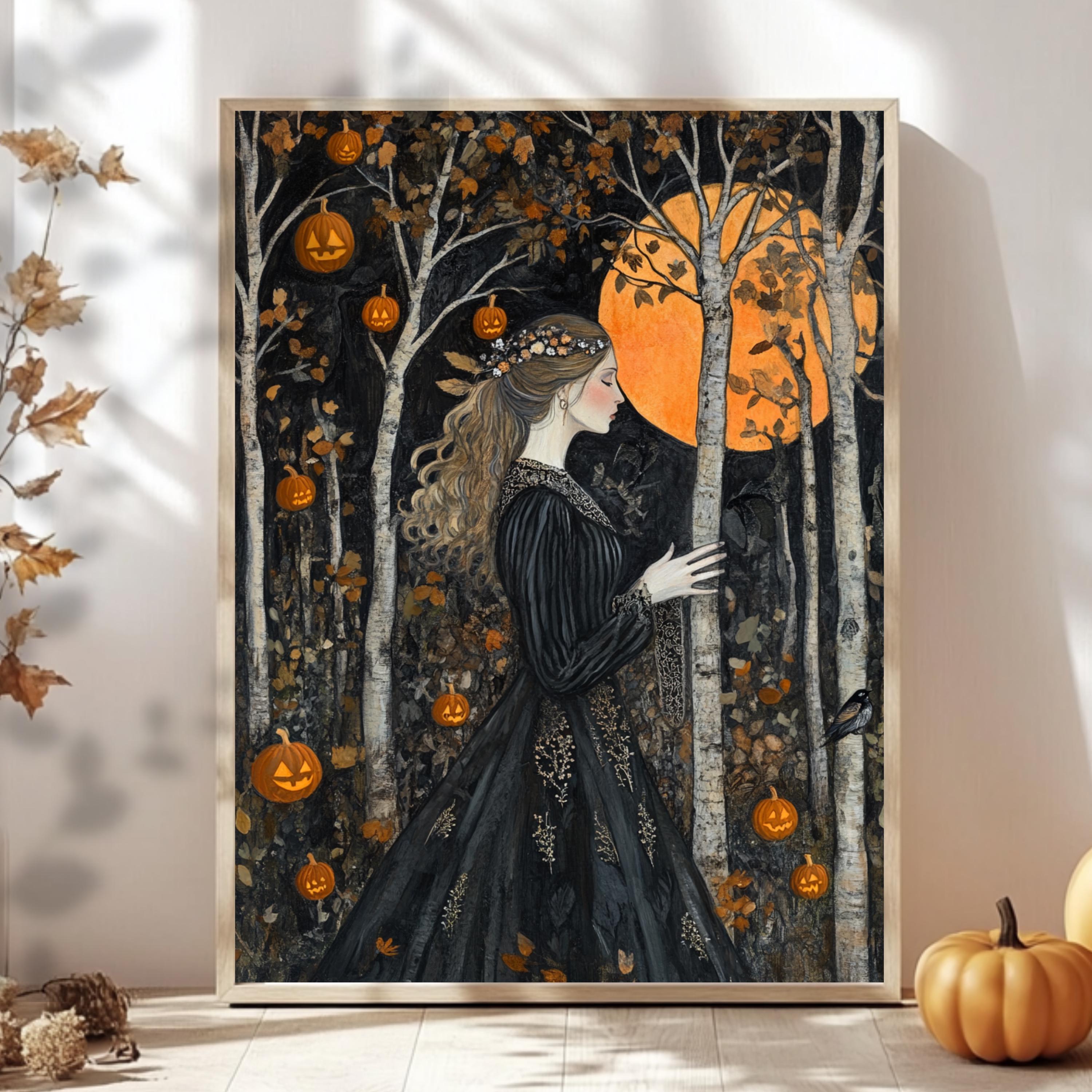 Halloween Goddess Wall Art, William Morris Style Decor, Wooden Framed Canvas, Gothic Pumpkin Forest Print, Autumn Full Moon Home Accent