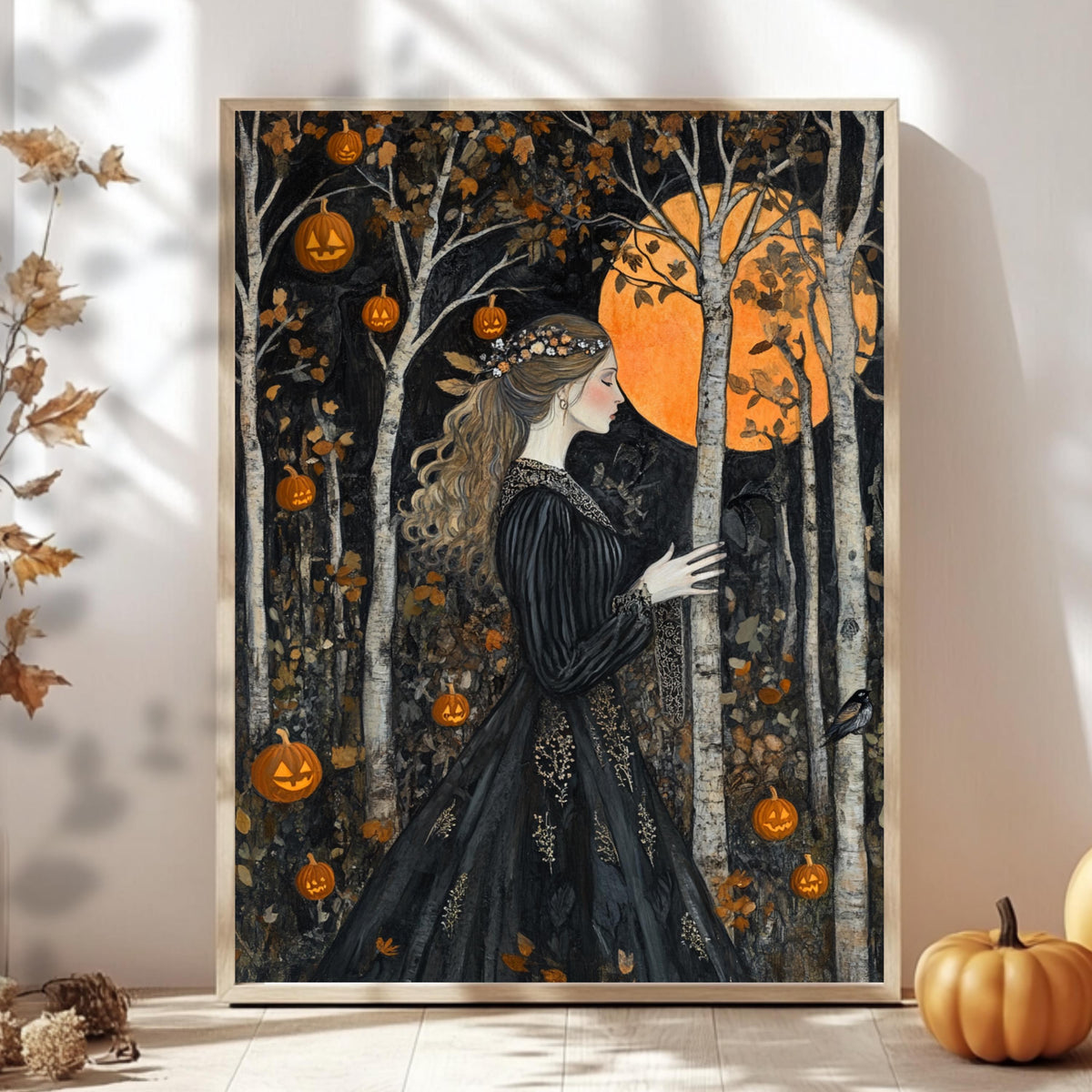 Halloween Goddess Wall Art, William Morris Style Decor, Wooden Framed Canvas, Gothic Pumpkin Forest Print, Autumn Full Moon Home Accent