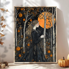 Halloween Goddess Wall Art, William Morris Style Decor, Wooden Framed Canvas, Gothic Pumpkin Forest Print, Autumn Full Moon Home Accent