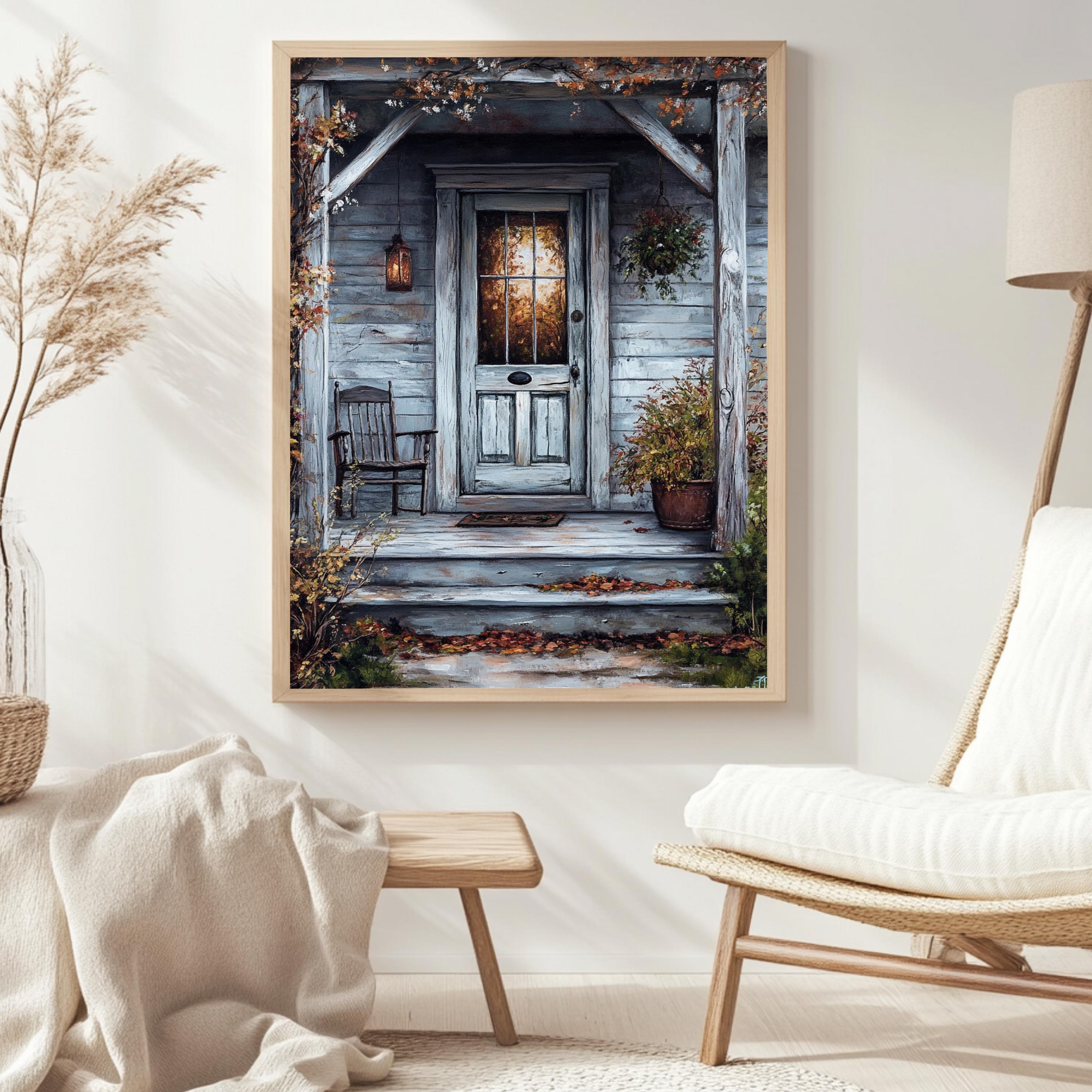 Rustic Autumn Porch Wall Art, Wooden Framed Canvas, Country Farmhouse Fall Print, Cozy Front Door Decor, Vintage Country Home Accent