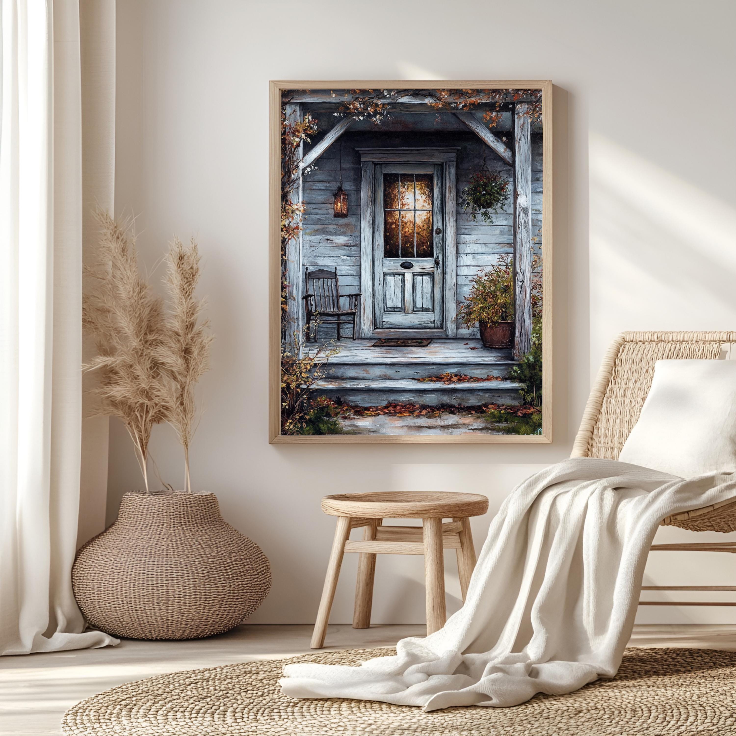 Rustic Autumn Porch Wall Art, Wooden Framed Canvas, Country Farmhouse Fall Print, Cozy Front Door Decor, Vintage Country Home Accent