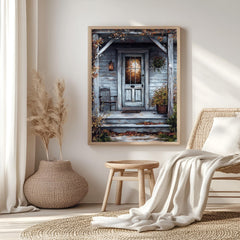 Rustic Autumn Porch Wall Art, Wooden Framed Canvas, Country Farmhouse Fall Print, Cozy Front Door Decor, Vintage Country Home Accent