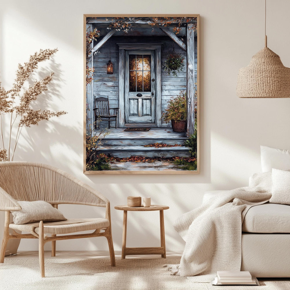 Rustic Autumn Porch Wall Art, Wooden Framed Canvas, Country Farmhouse Fall Print, Cozy Front Door Decor, Vintage Country Home Accent