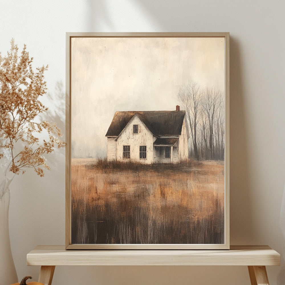 Abandoned Farmhouse Wall Art, Wooden Framed Canvas, Rustic Country House Print, Vintage Rural Landscape Decor, Moody Autumn Home Accent