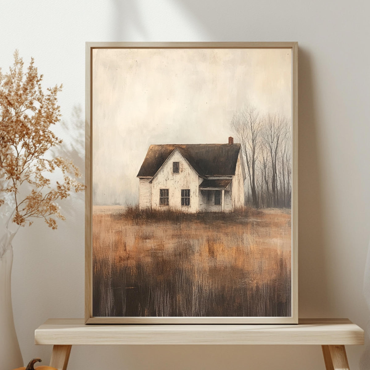 Abandoned Farmhouse Wall Art, Wooden Framed Canvas, Rustic Country House Print, Vintage Rural Landscape Decor, Moody Autumn Home Accent