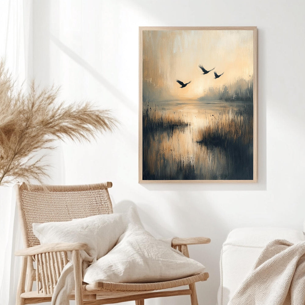 Flying Birds Wall Art, Wooden Framed Canvas, Rustic Nature Sunset Print, Minimalist Wildlife Home Decor, Serene Landscape Accent