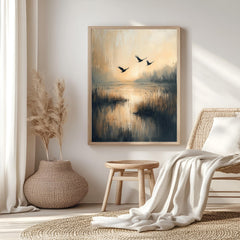 Flying Birds Wall Art, Wooden Framed Canvas, Rustic Nature Sunset Print, Minimalist Wildlife Home Decor, Serene Landscape Accent
