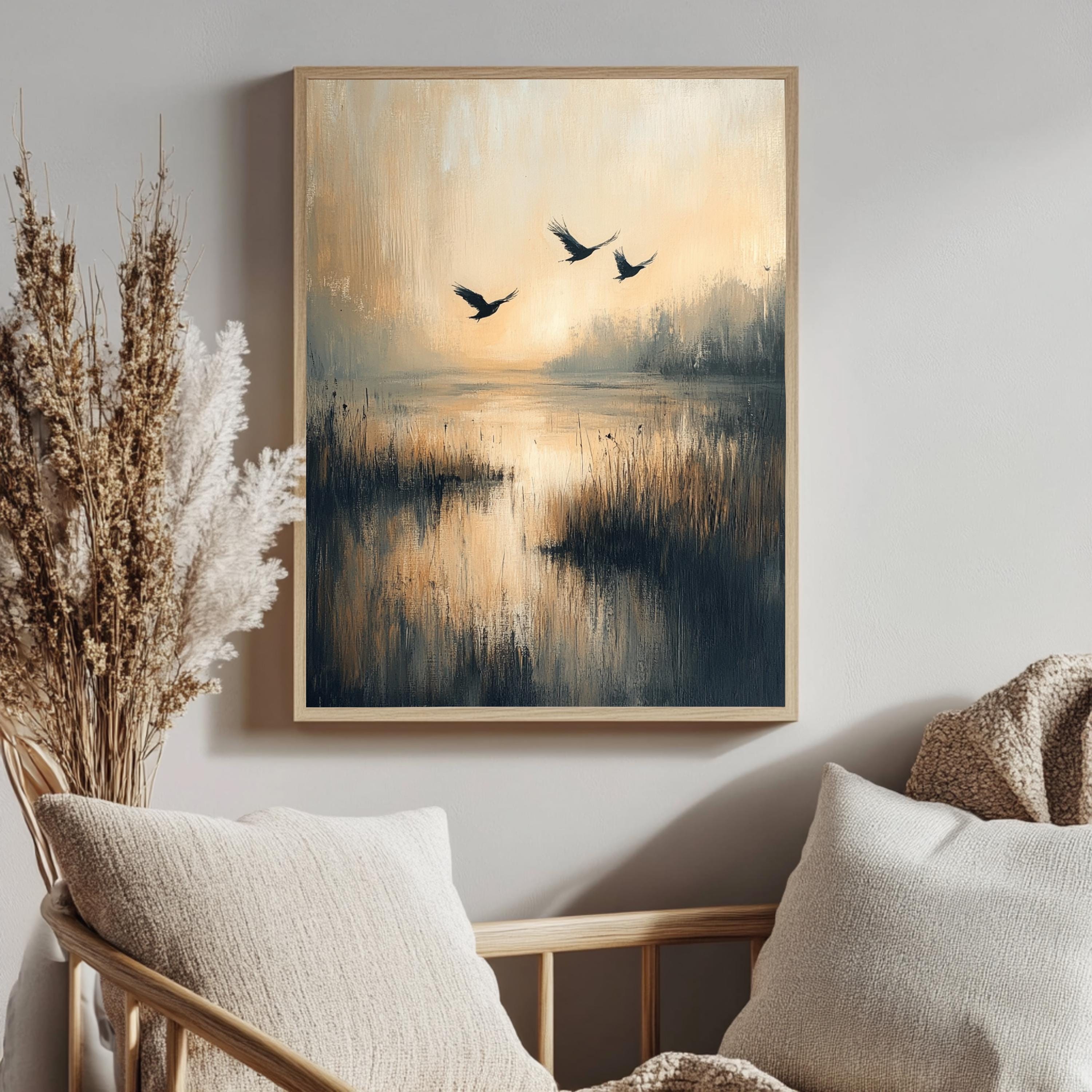 Flying Birds Wall Art, Wooden Framed Canvas, Rustic Nature Sunset Print, Minimalist Wildlife Home Decor, Serene Landscape Accent
