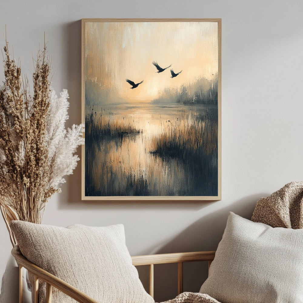 Flying Birds Wall Art, Wooden Framed Canvas, Rustic Nature Sunset Print, Minimalist Wildlife Home Decor, Serene Landscape Accent